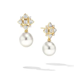 David Yurman Renaissance Pearl Trillion Drop Earrings in 18ct Yellow Gold with Diamonds