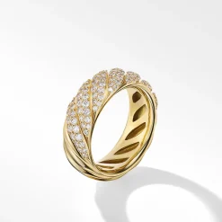 David Yurman Sculpted Cable Band Ring in 18ct Yellow Gold with Pavé Diamonds