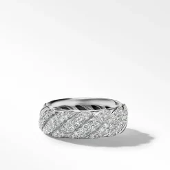 David Yurman Sculpted Cable Band Ring in Sterling Silver with Pavé Diamonds