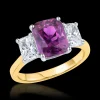 Three Stone 3.15ct Purple Sapphire and Diamond Yellow Gold Ring