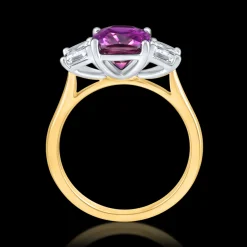 Three Stone 3.15ct Purple Sapphire and Diamond Yellow Gold Ring
