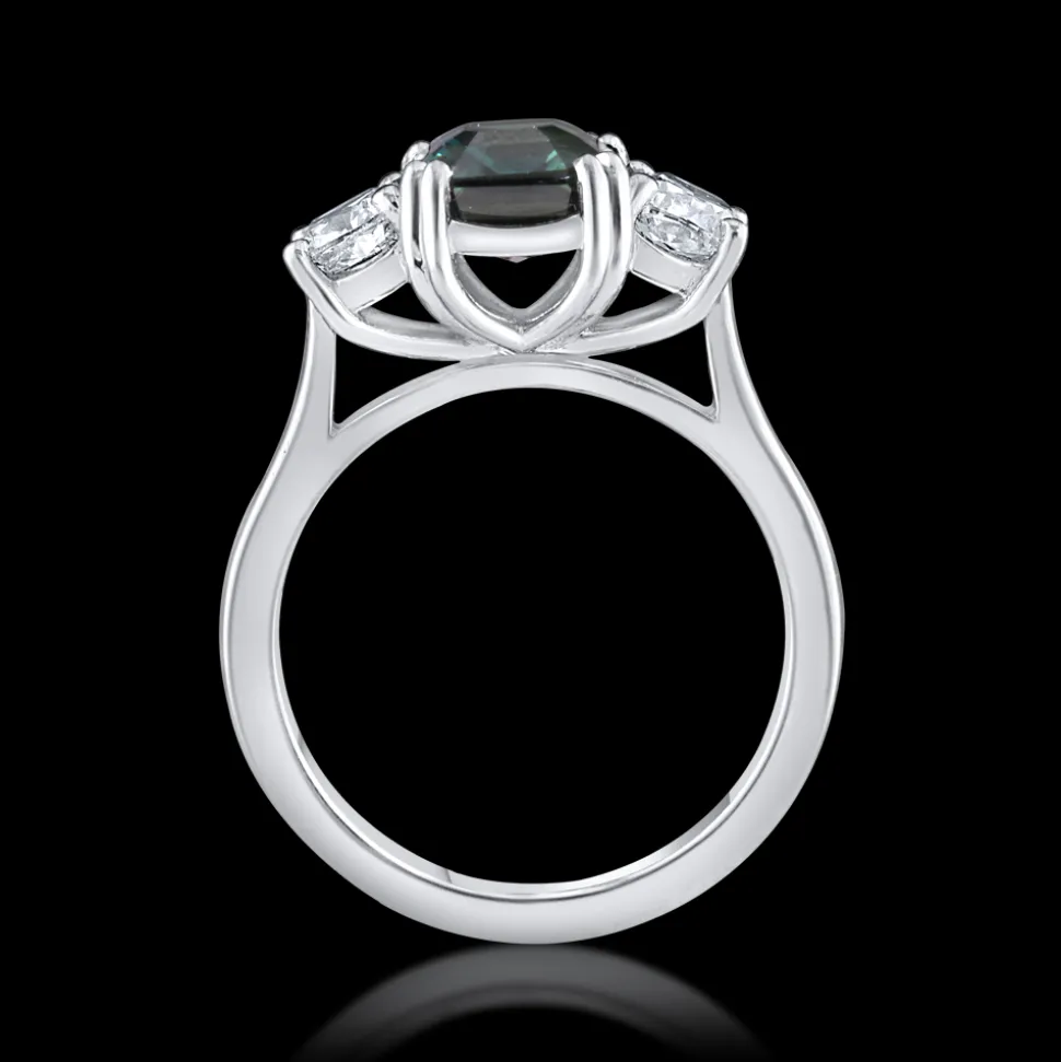 Three stone 2.42ct Teal Sapphire and Diamond Platinum Ring